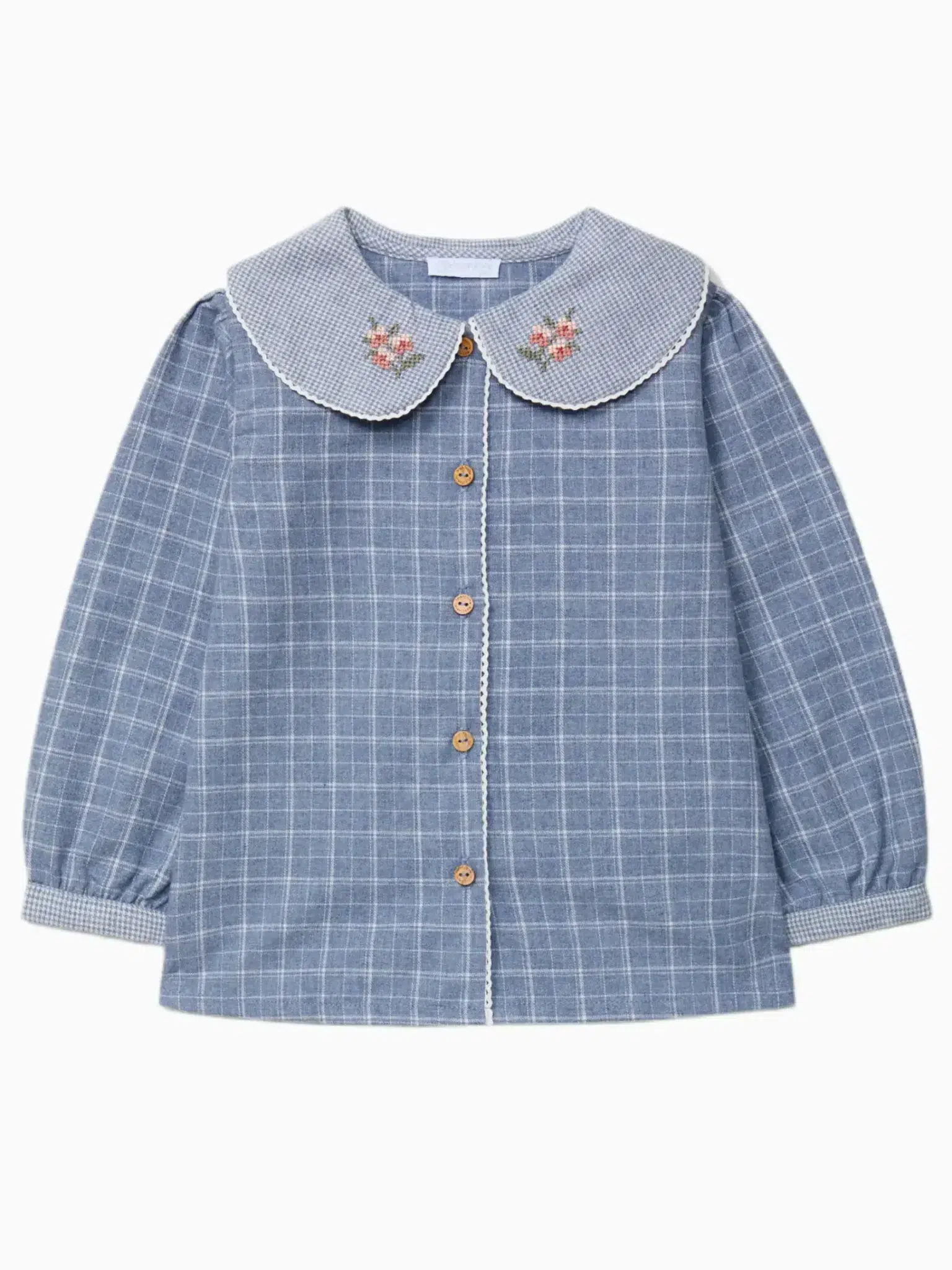 Chemise fille à carreaux et micro-vichy - Bleu