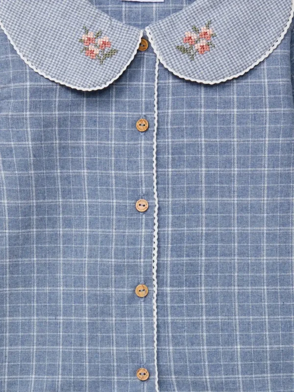 Chemise fille à carreaux et micro-vichy - Bleu