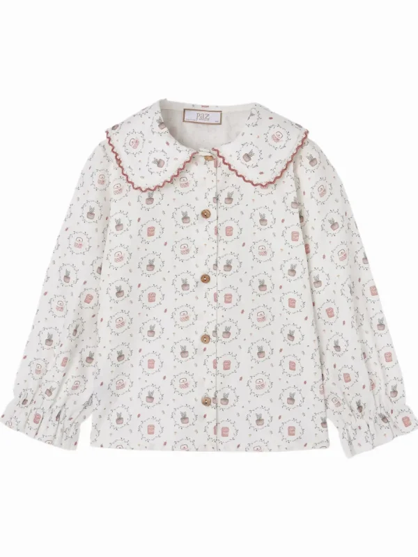 Chemise fille à col festonné imprimé champêtre – Écru