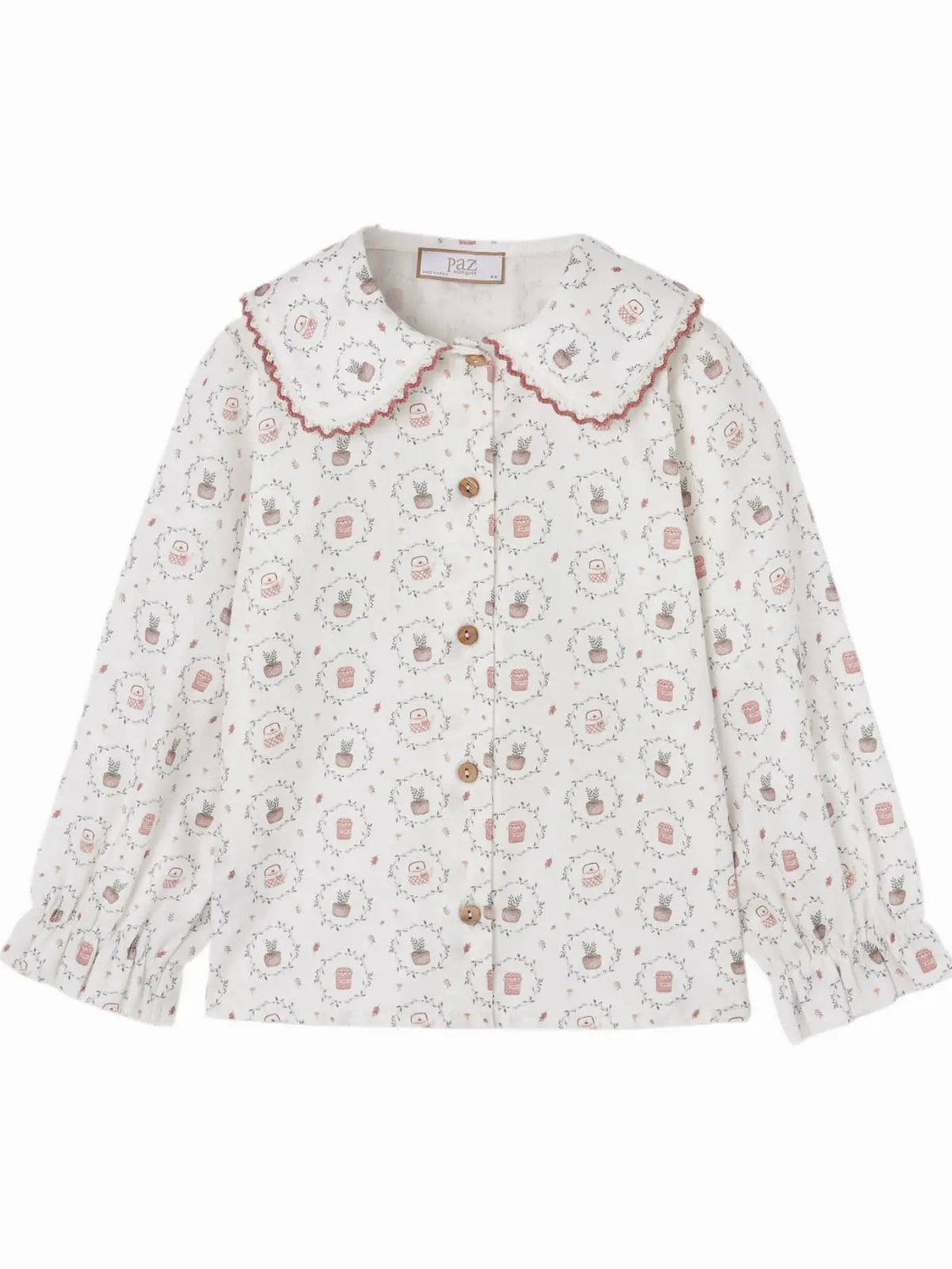 Chemise fille à col festonné imprimé champêtre – Écru
