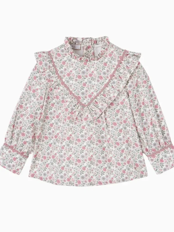 Blouse fille fleurie à volants et col montant - Rose