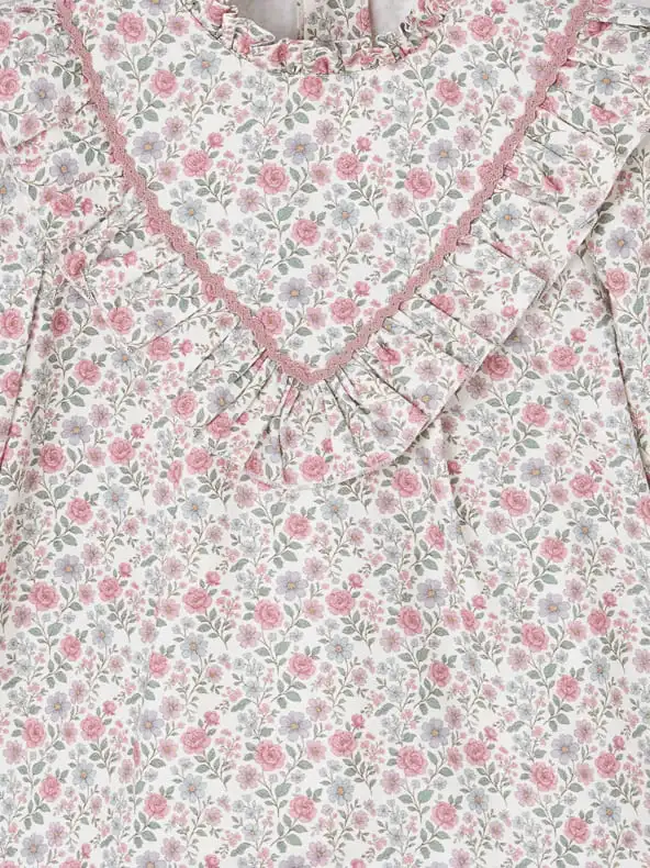 Blouse fille fleurie à volants et col montant - Rose