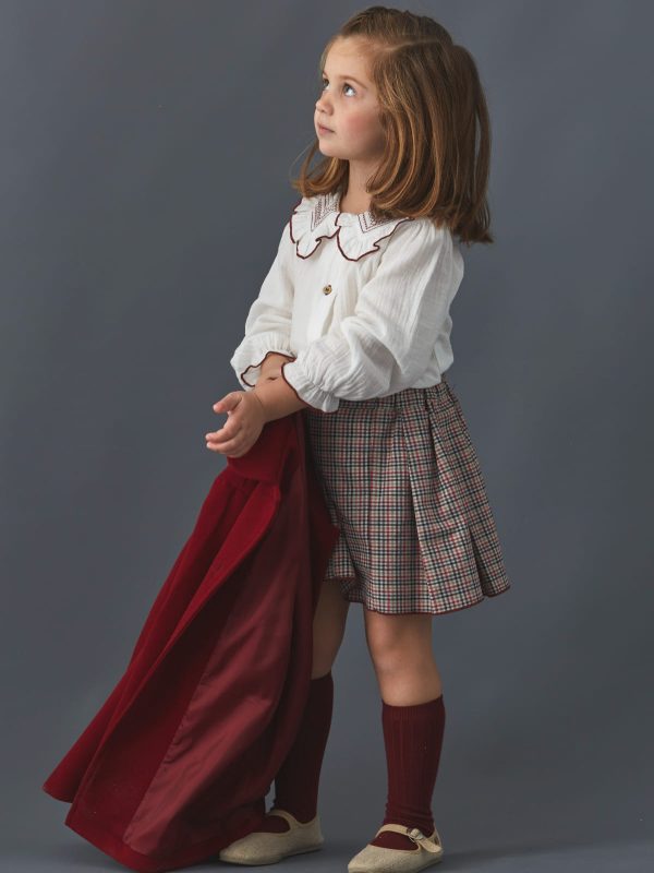 Ensemble fille blouse à col brodé et jupe écossaise - Bordeaux