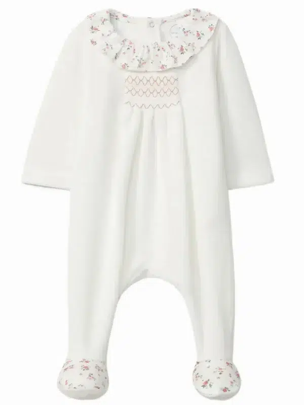 Dors-bien bébé fille en velours à collerette et smocks - Blanc