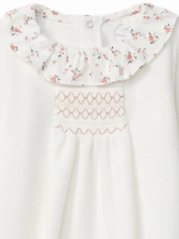 Dors-bien bébé fille en velours à collerette et smocks - Blanc