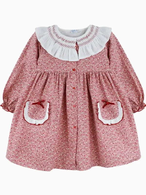 Vestito bambina con grande colleretta in garza di cotone smock - Rosso