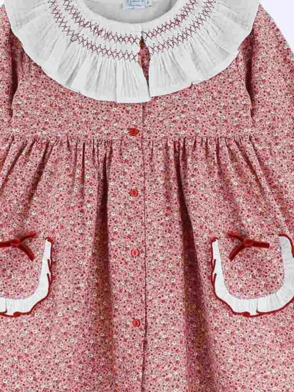 Vestito bambina con grande colleretta in garza di cotone smock - Rosso
