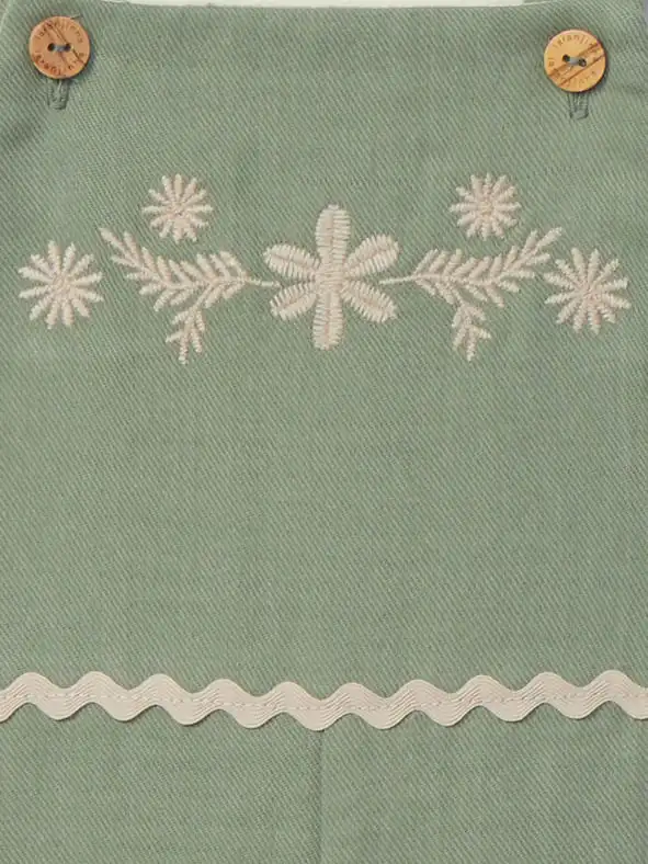 Salopette fille à broderies fleuries - Vert olive – Image 2