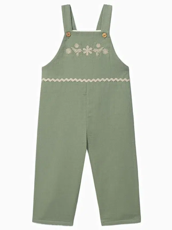 Salopette fille à broderies fleuries - Vert olive