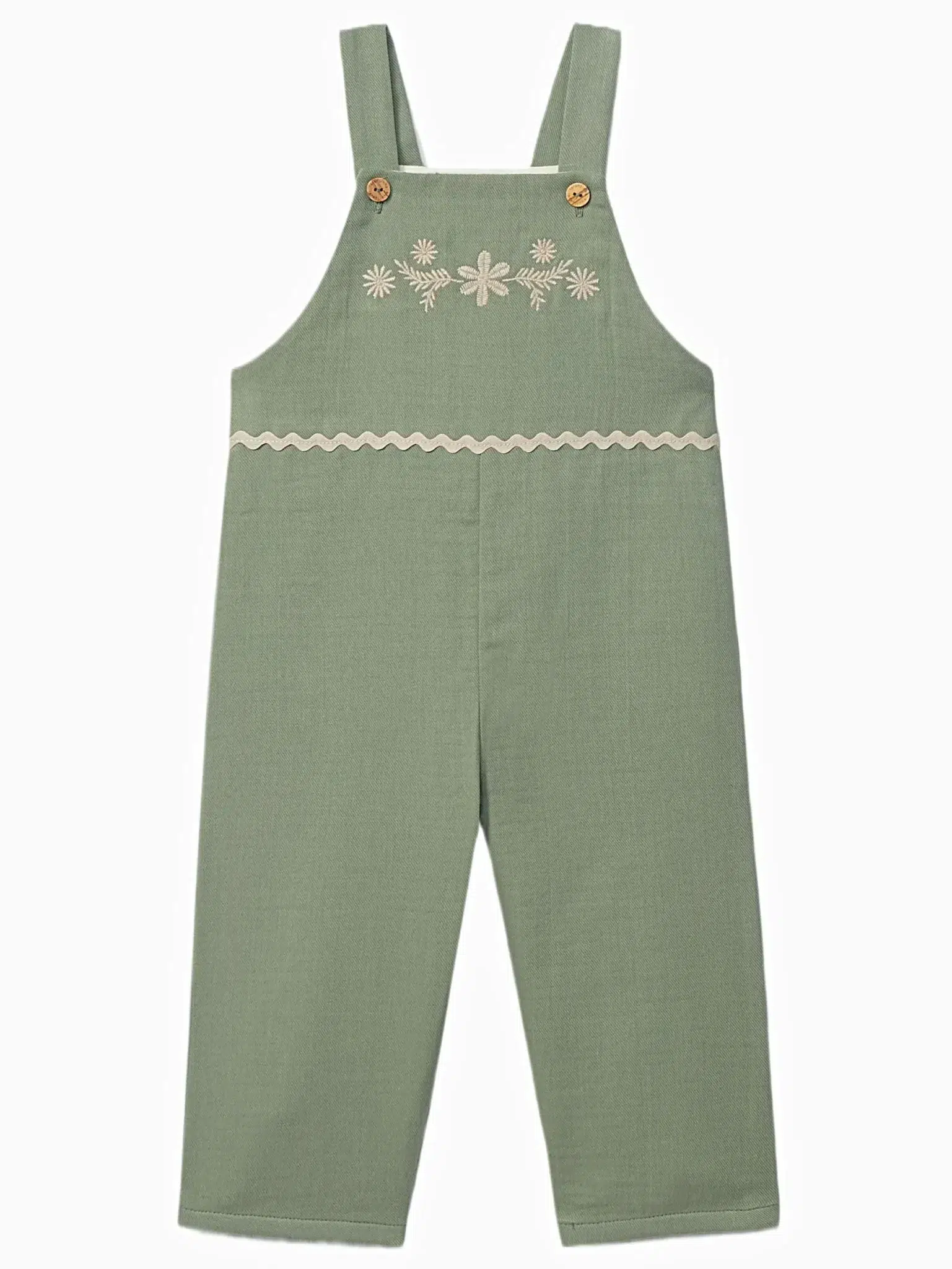 Salopette fille à broderies fleuries - Vert olive