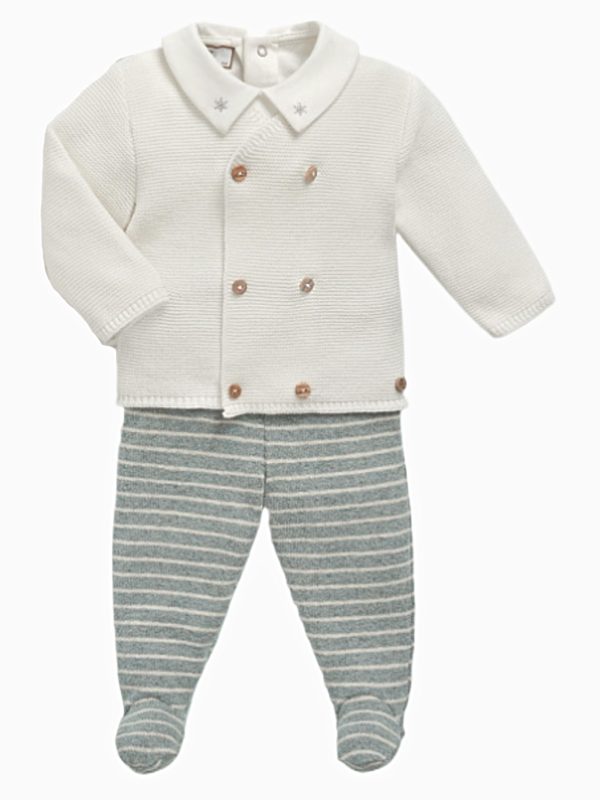 Ensemble naissance bébé gilet croisé, body à col flocons et pantalon à pieds - Écru/gris