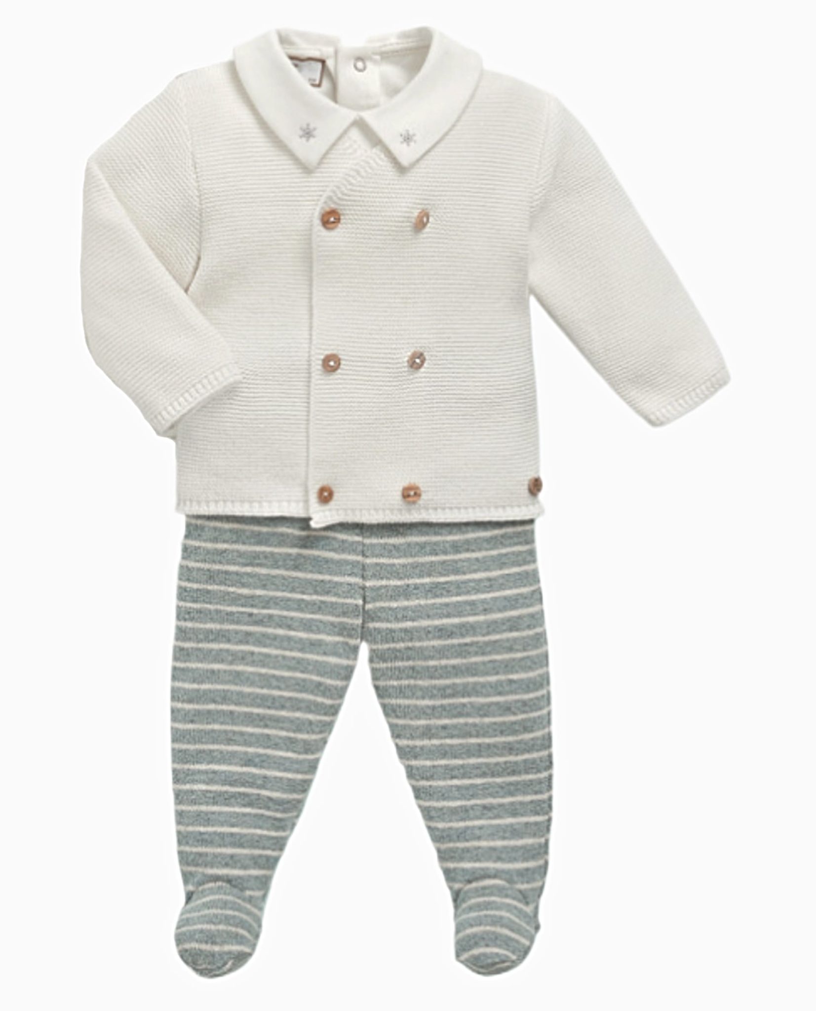Ensemble naissance bébé gilet croisé, body à col flocons et pantalon à pieds - Écru/gris