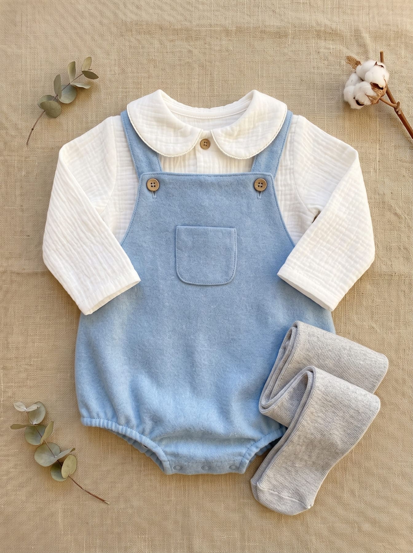 Sky blue baby outfit with romper and white top with round collar