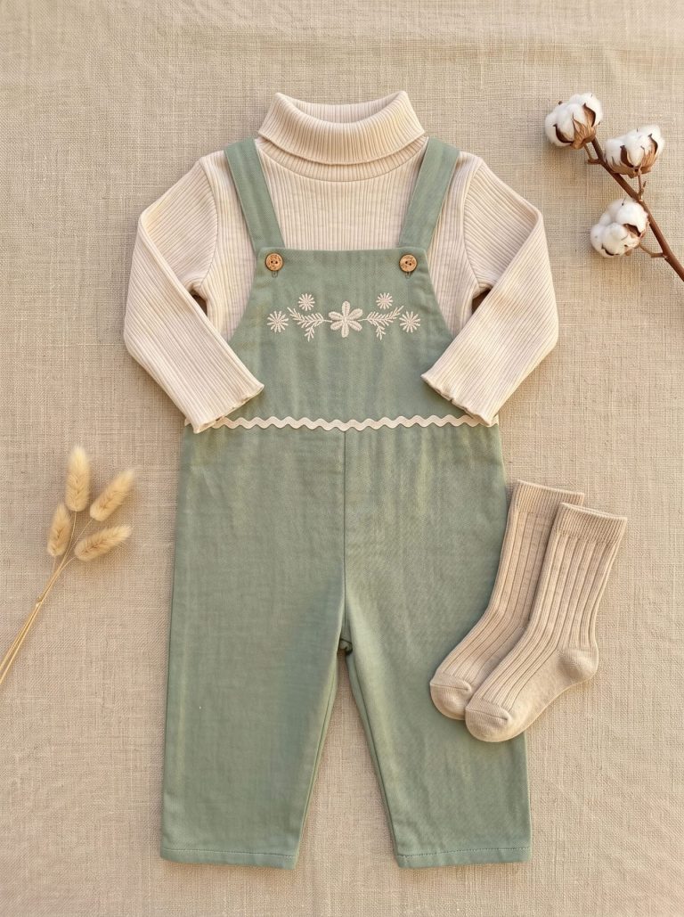 Tenue fille avec salopette vert sauge, col roulé écru et chaussettes en maille