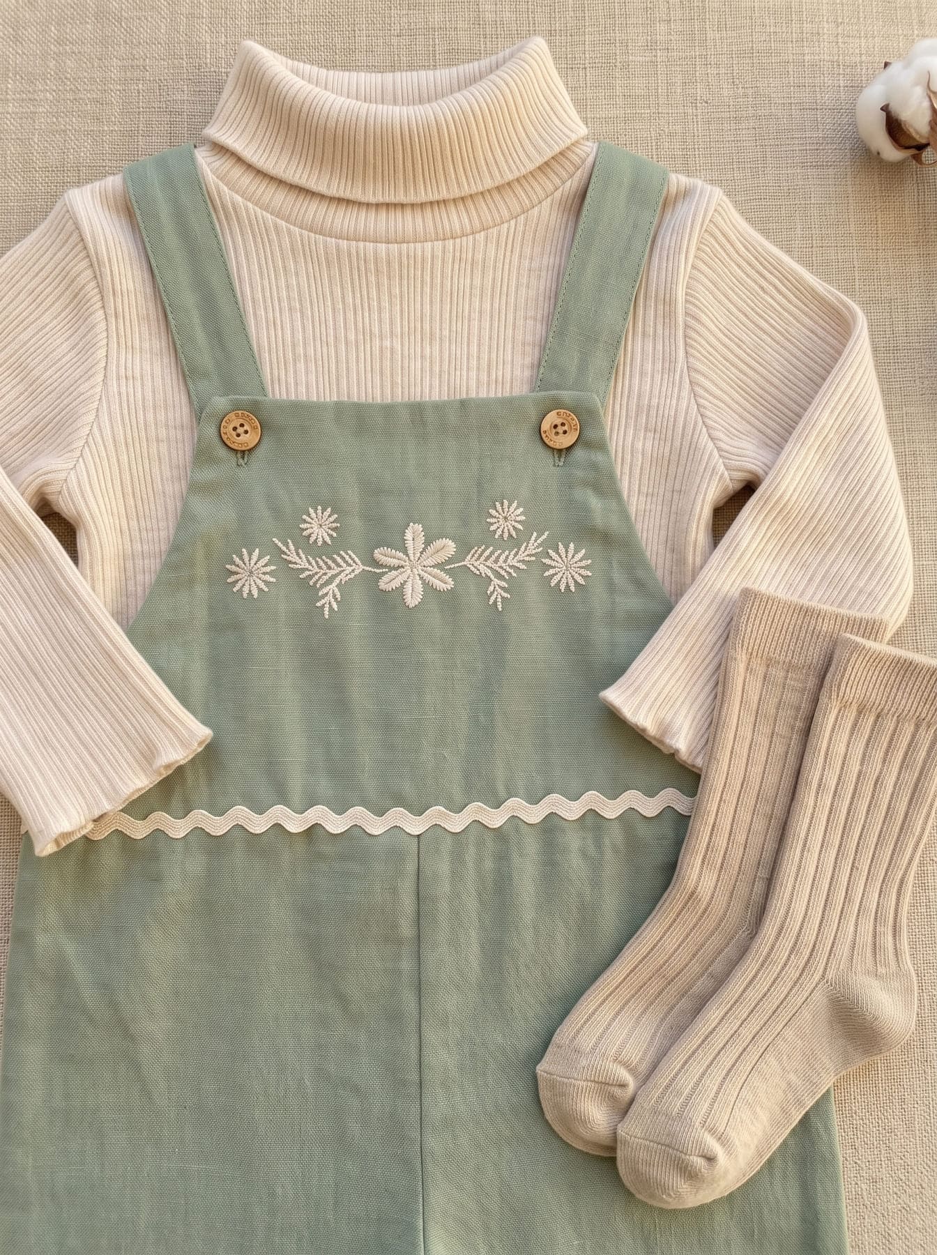 Détail de la tenue fille avec salopette vert sauge, col roulé écru et chaussettes en maille