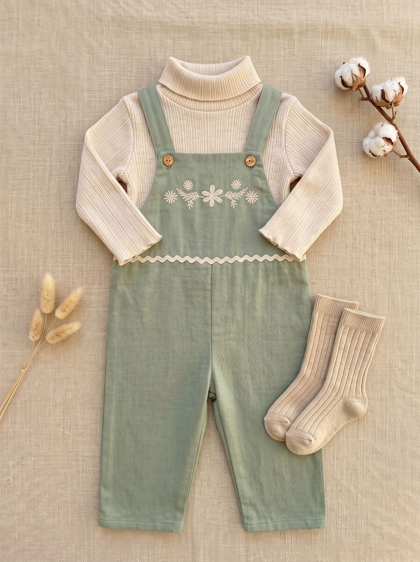 Tenue fille avec salopette vert sauge, col roulé écru et chaussettes en maille