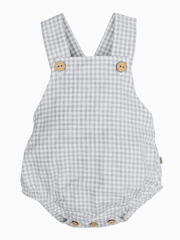 Barboteuse bébé à bretelles croisées vichy gris et blanc