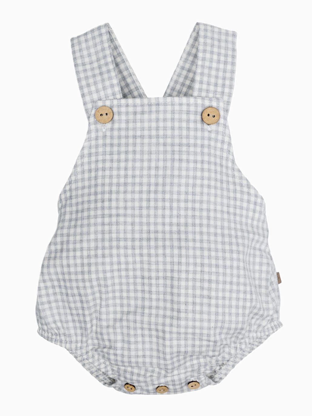 Barboteuse bébé à bretelles croisées vichy gris et blanc