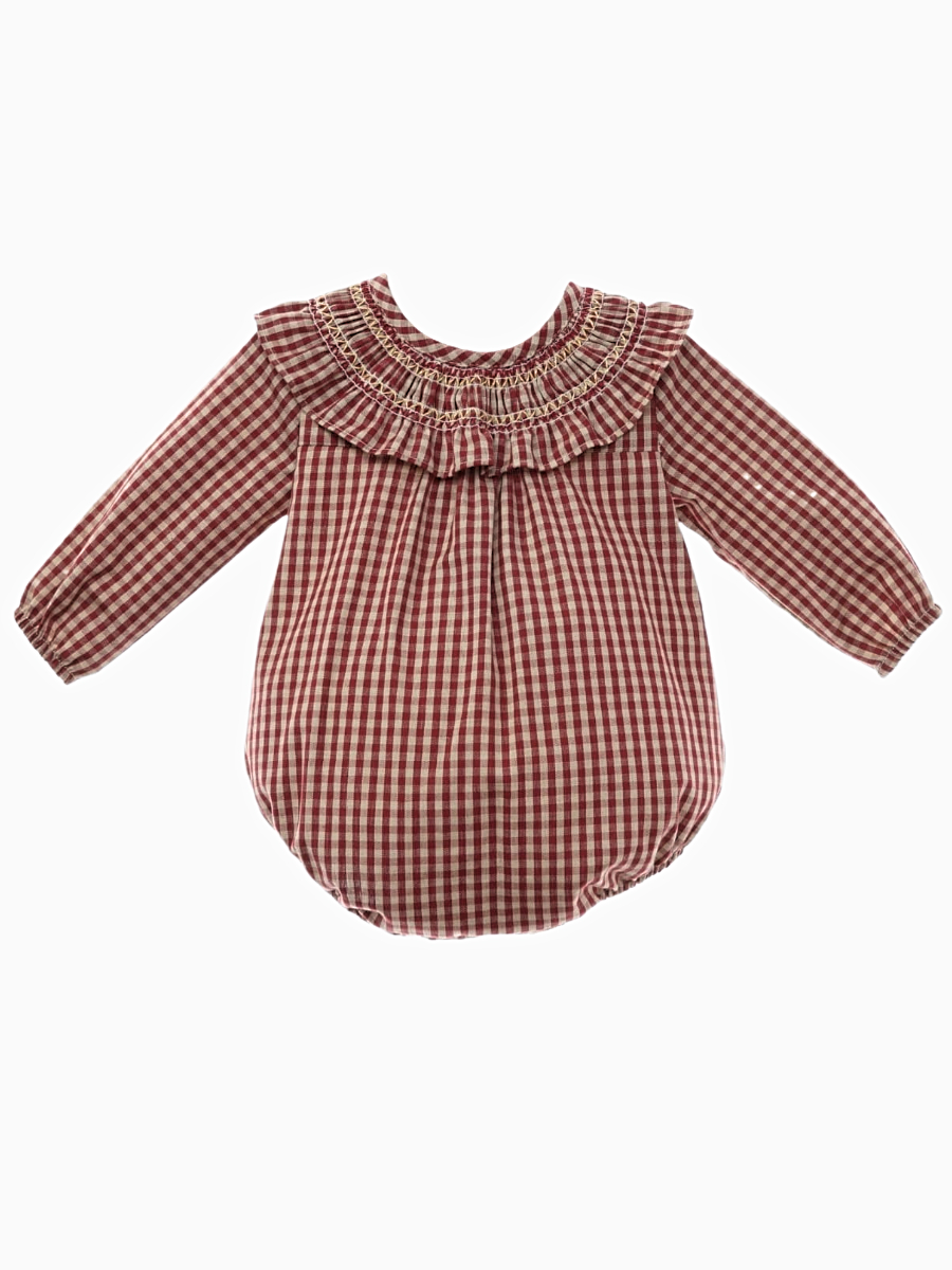 Barboteuse bébé fille vichy rouge et beige à collerette volantée