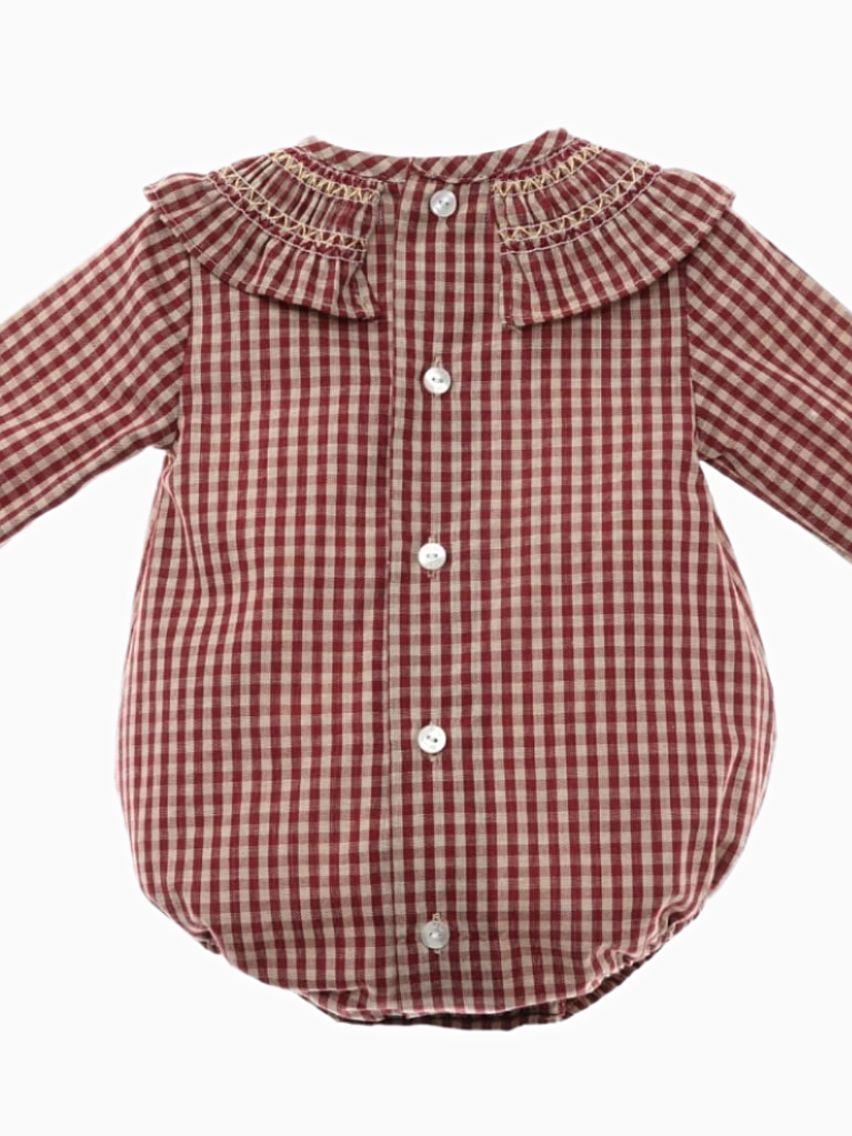 Barboteuse bébé fille vichy rouge et beige à collerette volantée vue de dos