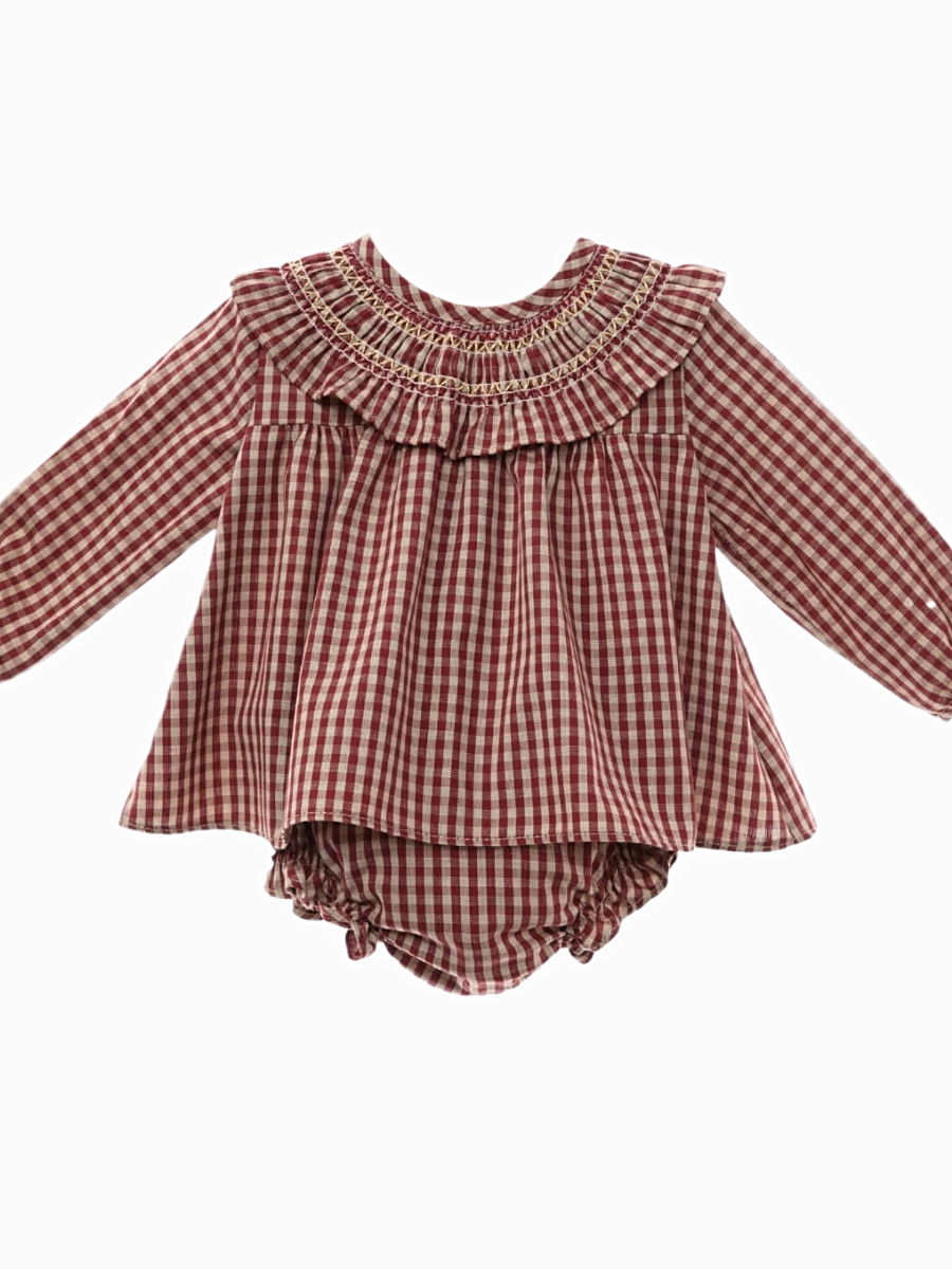 Ensemble robe courte vichy et bloomer assorti rouge et beige