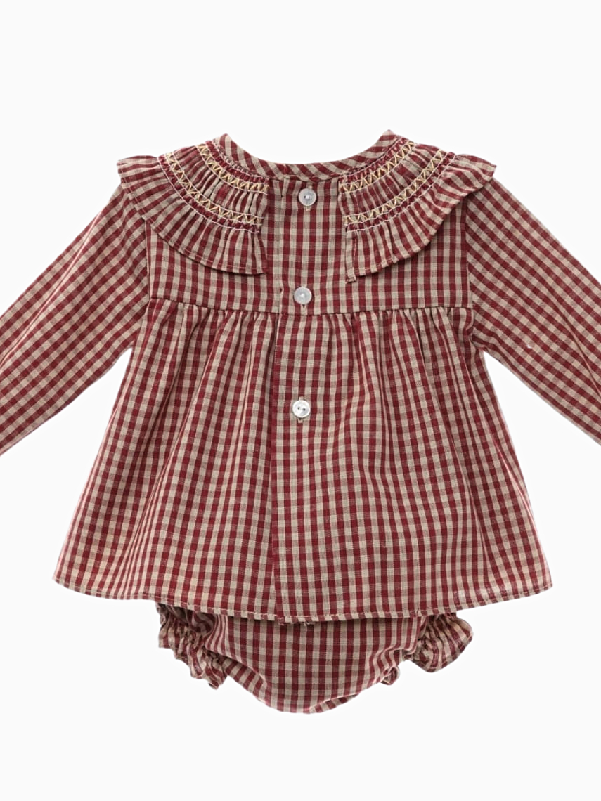 Ensemble robe courte vichy et bloomer assorti – Rouge/beige vu de dos
