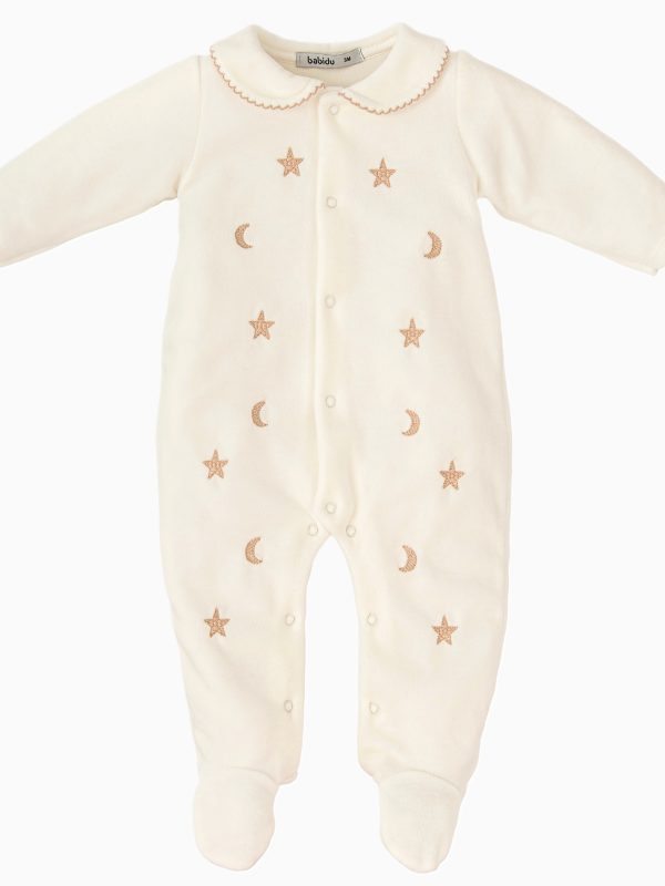 Starry Night Velvet Baby Sleepsuit - Cream